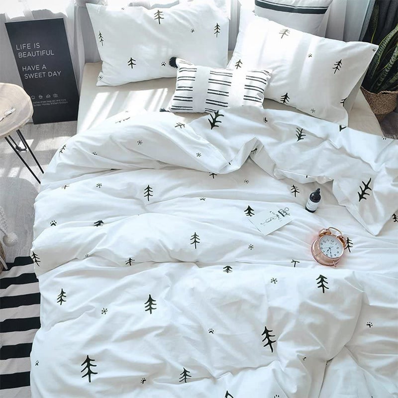 BuLuTu Kids Duvet Cover Twin Cotton White/Grey,Premium Boys Girls Bedding Sets Twin,Single Bed Comforter Cover Zipper Closure,Forest Tree Print Pattern,Super Soft,Breathable,No Comforter - Image 1